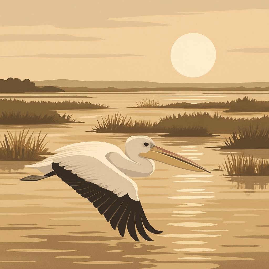 A serene landscape featuring a pelican in flight over a marshy area, with a sunny sky.