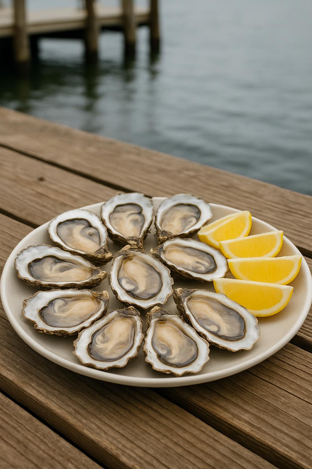 A plate of oysters, sliced in half and arranged around lemon wedges, sitting on a wooden dock overlooking a peaceful body ...