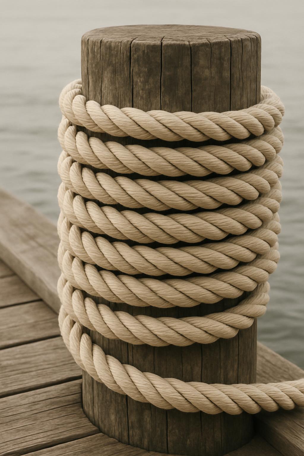 Lengthy rope densely wrapped around a pallisade of hardwood. A capped creel with a darkened finish stands in the foregroun...