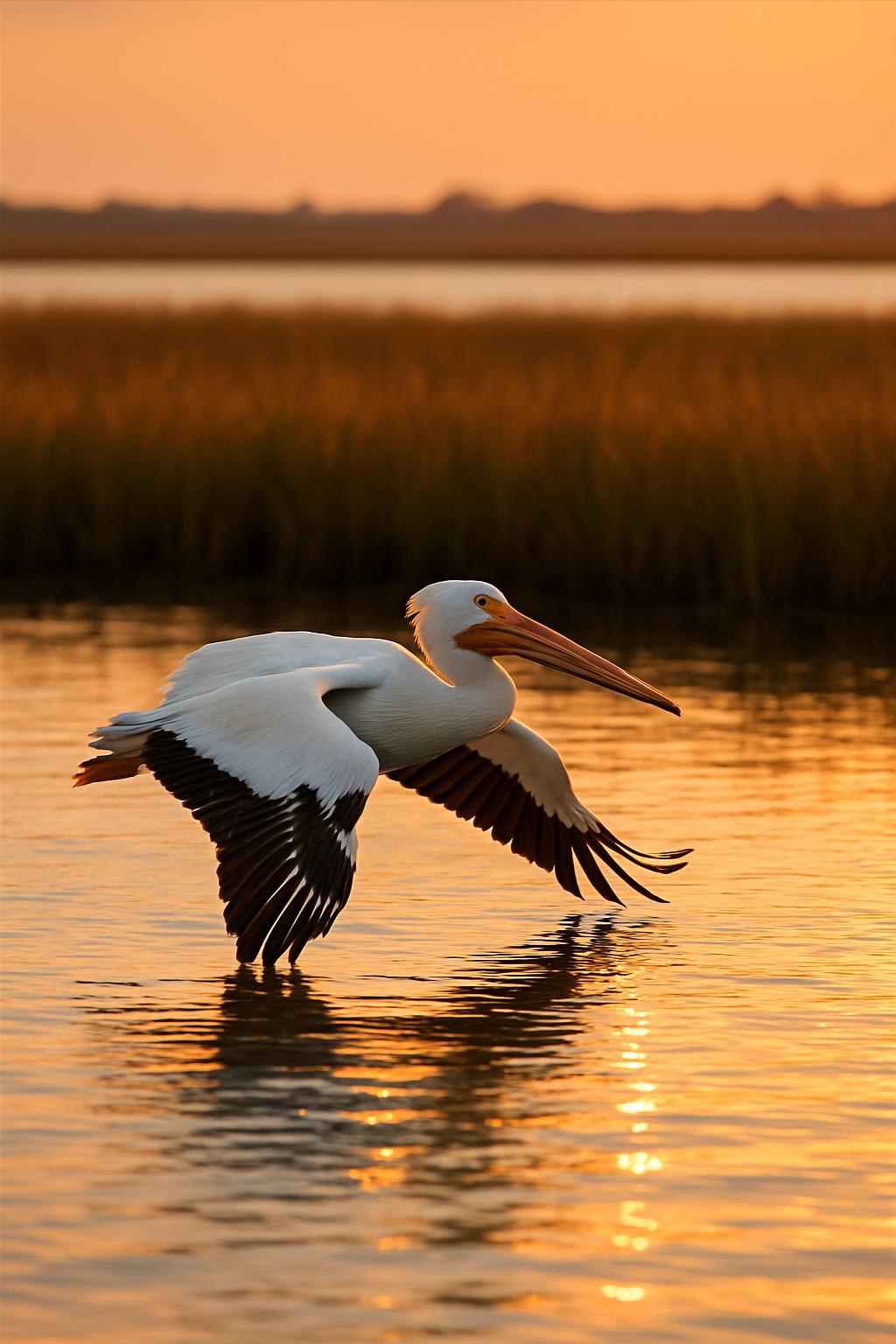 An image of a pelican in flight over water at sunset.